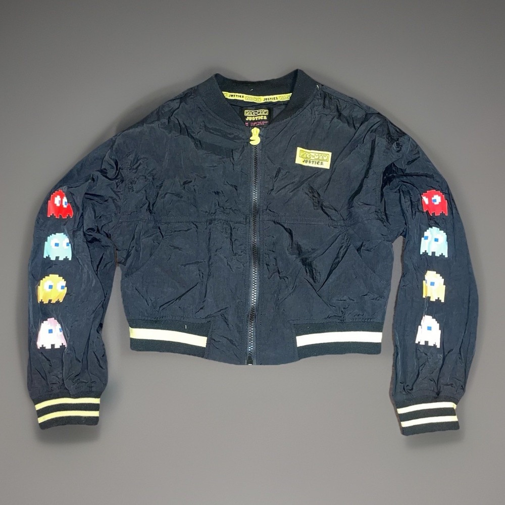 Justice Pac-Man Girls Bomber Jacket Black Medium (10) Retro Gaming Windbreaker